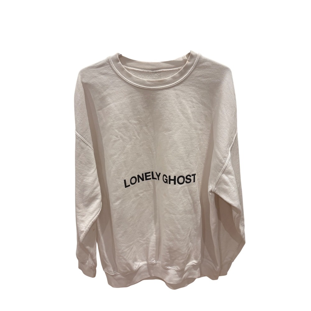 Lonely Ghost Text Logo Crewneck Sweatshirt White Sad Heart Graphic - L